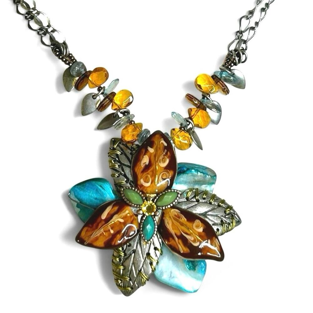 Chicos Flower Pendant Necklace Statement Boho Mixed Media Shell Enamel Resin